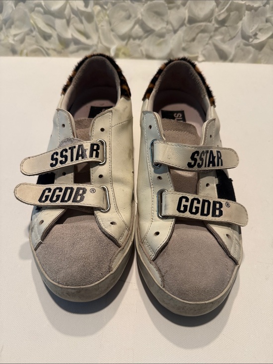 Golden Goose Shoes - Golden Goose White Leather & Gray Suede Velcro Sneakers with Leopard Heel